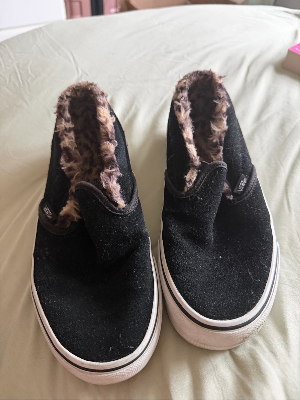 Vans Black Slip-On Sneakers with Brown Faux-Fur Lining